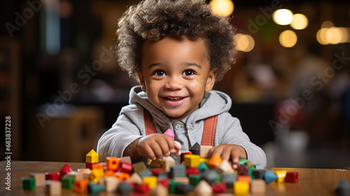 Two year old African American boy playing happily at home with colorful wooden learning blocks. Toddler in the living room of his house playing building with blocks. Child in kindergarten.