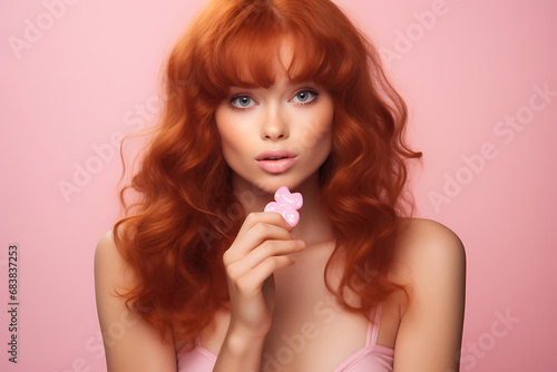 A red-haired girl on a pink background takes vitamins in the form of chewing candies for the beauty of her skin and hair.