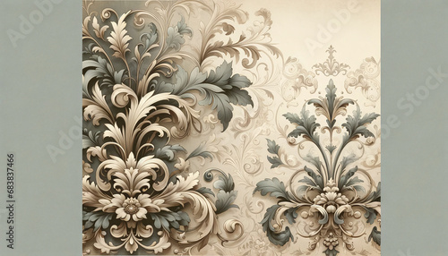 Elegant and classic website background with vintage floral motifs and ornate scrollwork in muted tones, ideal for upscale sites photo