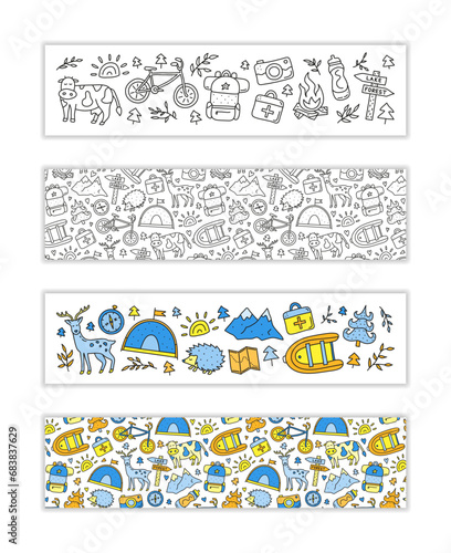 Horizontal banners with doodle eco tourism icons.