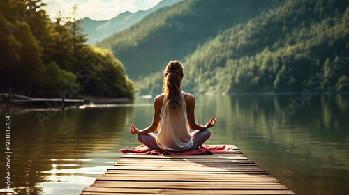 Young woman meditating on a wooden pier at the edge of a lake. Yoga and meditation
