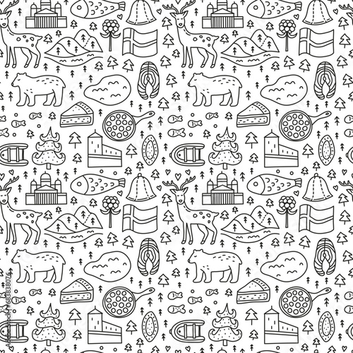 Seamless pattern with doodle outline Finland icons.
