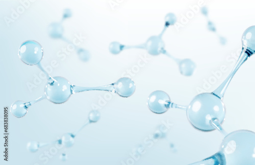 3D glass molecules or atoms on light blue background. Concept of biochemical, pharmaceutical, beauty, medical. Science or medical background. Vector 3d illustration