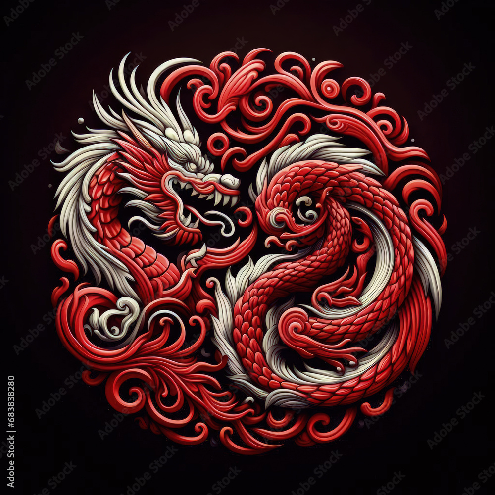 3d Logo illustration of dragon carving on dark background 3d Logo illustration of dragon carving on dark background
