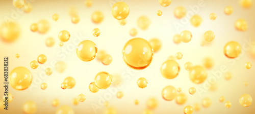 Golden oil bubbles, liquid collagen or serum. Skin care cosmetic product texture or clear essence. Concept skin care cosmetics solution. Vector realistic illustration photo