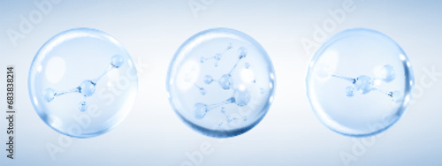 Molecule inside bubble on blue background. Collagen serum bubble. Cosmetic essence. Concept skin care cosmetics solution. Vector 3d illustration
