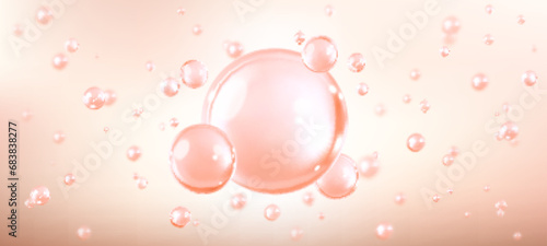 Pink bubbles, liquid collagen or serum. Skin care cosmetic product texture or clear essence. Concept skin care cosmetics solution. Vector realistic illustration