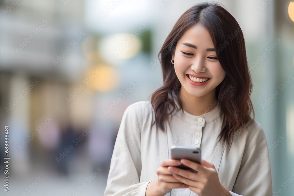 Beautiful Japanese woman smiling with her smartphone Beautiful Japanese woman smiling with her smartphone