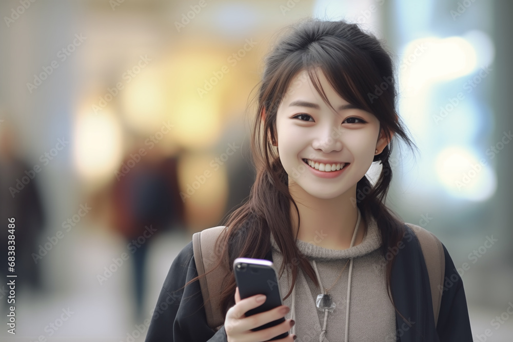 Beautiful Japanese woman smiling with her smartphone