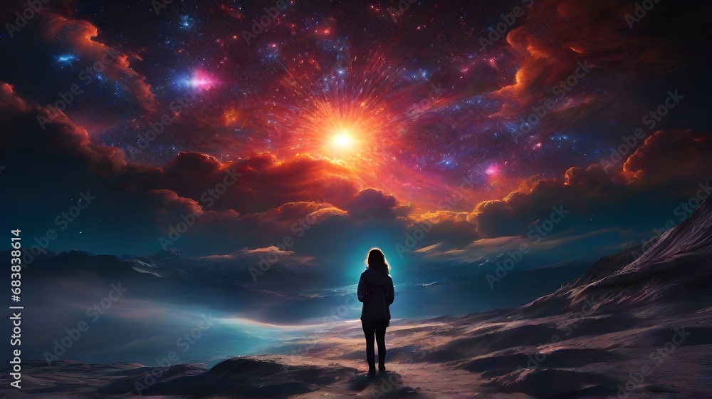 Fantasy sci-fi galaxy space night sky and mountainous landscape on a exo planet with a girl looking at the sky