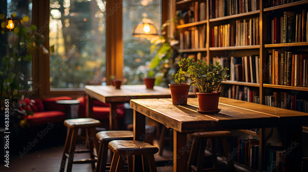 A cozy cafe, with bookshelves and warm lighting as the background, during a quiet afternoon reading session