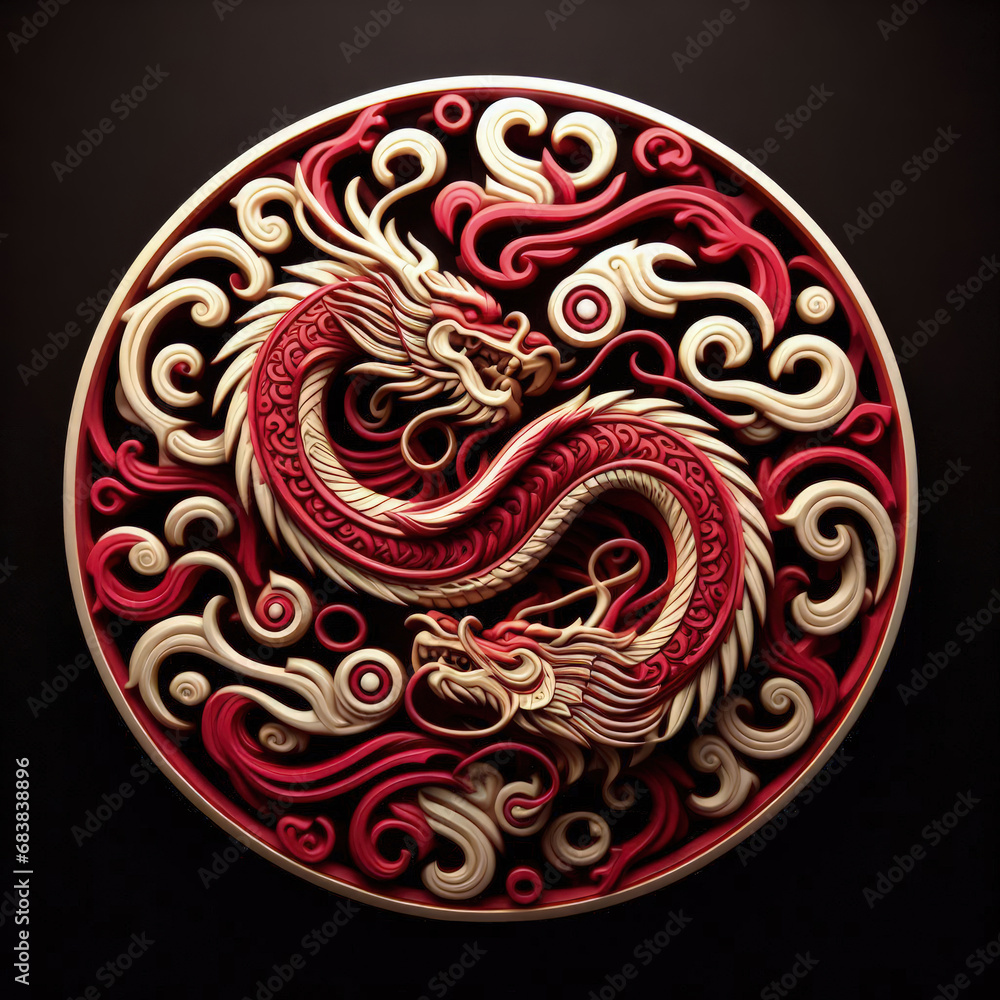 3d Logo illustration of dragon carving on dark background 3d Logo illustration of dragon carving on dark background