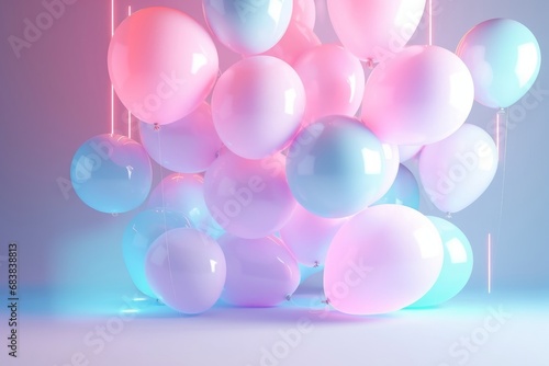 Balloons with neon lights on pastel colors background. 3d rendering, Generative AI 
