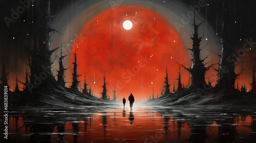 Title: "Red Moon Rendezvous"
In a dystopian dreamscape, two figures converge under the ominous glow of a gargantuan red moon.