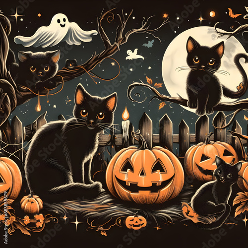 Halloween Night Scene In A Pumpkin Patch With Black Cats