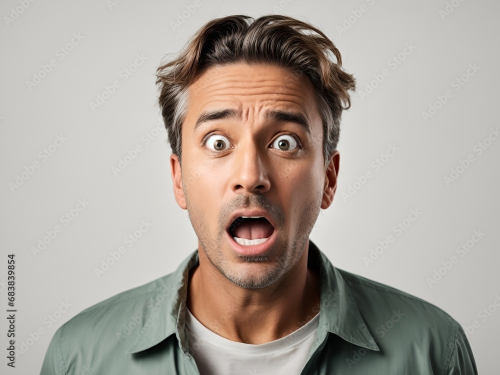 An adult man expressing surprise and shock emotion with his mouth open and big wide open eyes. isolated on white background.
An adult man expressing surprise and shock emotion with his mouth open and big wide open eyes. isolated on white background.