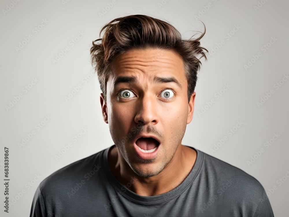 An adult man expressing surprise and shock emotion with his mouth open and big wide open eyes. isolated on white background.
An adult man expressing surprise and shock emotion with his mouth open and big wide open eyes. isolated on white background.