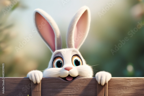 Easter bunny in the wooden box. 3d illustration. Blue background.