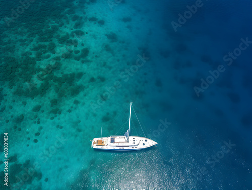 Aerial view of a sailboat in the transparent blue water of the Mediterranean sea.