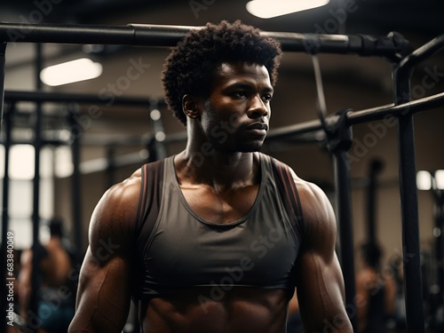 A black afro-american athlete with healthy muscular body preparing to do pullups on a horizontal bar in a gym while sweating and improving his physical body form.

