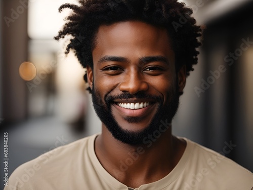 A closeup photo portrait of a handsome black afro American man smiling with clean teeth. for a dental ad. guy with beard with strong jawline. isolated on white background.