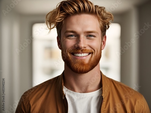 A closeup photo portrait of a handsome Irish ginger adult man smiling with clean teeth. used for a dental ad. guy with trendy stylish hair and beard. 