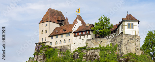 Castle of Burgdorf along the river Emme high on a hill entrance to Emmental, canton Bern in Switzerland