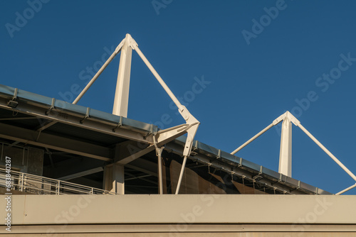 steel tie rods, restoration of the stadium roof with steel structures and tie rods, with steel tie rods and lever structure. constructive detail. Turin, Italy, 25 November 2023. photo