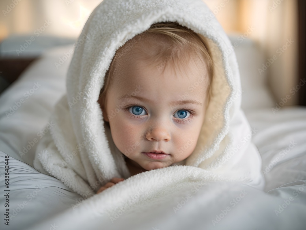 A very cute little white Caucasian baby kid wrapped in soft white blanket on a bed. image perfect for ads. big blue eyes and tiny nose.
A very cute little white Caucasian baby kid wrapped in soft white blanket on a bed. image perfect for ads. big blue eyes and tiny nose.