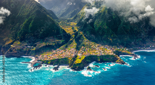 Aerial view of Madeira island. Land meets ocean in Seixal, Madeira, Portugal photo