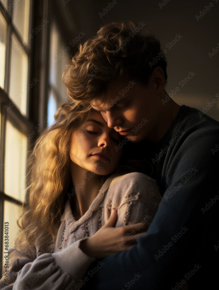 Intimate portrait of a person resting their head on their partner's shoulder, gentle expressions, diffused natural light from a window