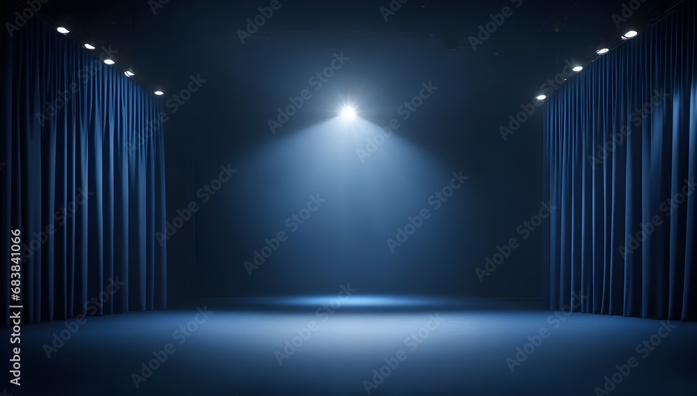 Empty Theater Scene. Blue Stage Spotlight. Blank Blue Stage Illuminated by Spotlights from Above.