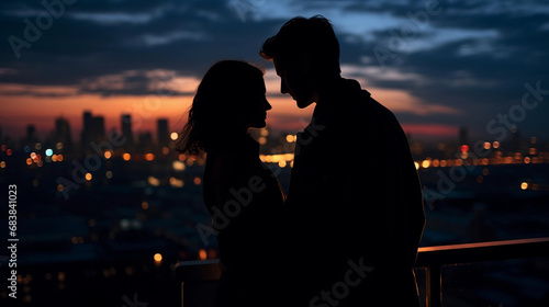 Intimate portrait on a city rooftop at twilight, skyline silhouette, couple sharing a serene moment