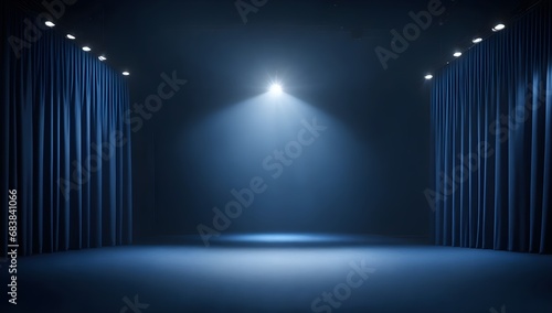 Empty Theater Scene. Blue Stage Spotlight. Blank Blue Stage Illuminated by Spotlights from Above.