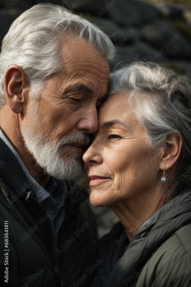 Happy senior couple portrait. Close-up of an elderly gray-haired man and a woman hugging, cuddling each other.