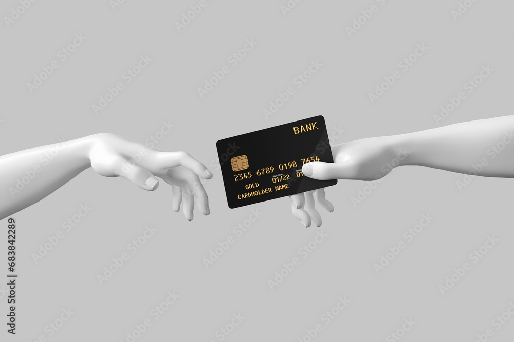 Hand to Hand. Abstract Imitation of Michelangelo's the Creation of Adam. The Hand of God Gives the Hand of Adam a Golden Credit Card. 3d Rendering - obrazy, fototapety, plakaty 