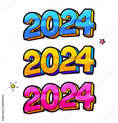 2024 New Year comic book style postcard or greeting card element. © vectorstory