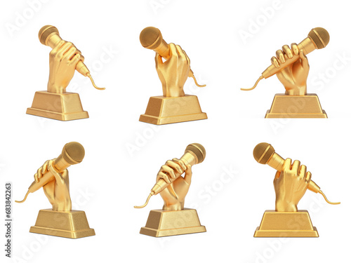 Golden Music Award Trophy in Shape of Hand with Microphone in Different Position. 3d Rendering photo