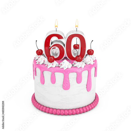60 Year Birthday Concept. Abstract Birthday Cartoon Dessert Cherry Cake with Sixty Year Anniversary Candle. 3d Rendering
