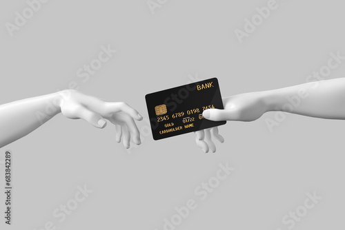 Hand to Hand. Abstract Imitation of Michelangelo's the Creation of Adam. The Hand of God Gives the Hand of Adam a Golden Credit Card. 3d Rendering