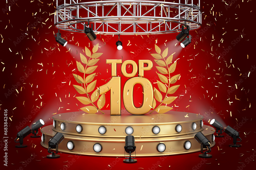 Golden Top Ten Sign with Laurel Wreath on a Golden Product Presentation ...