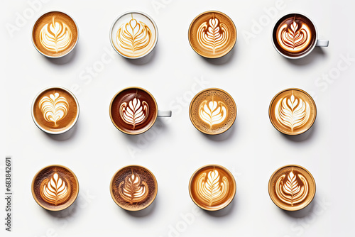Various cups of coffee on white background