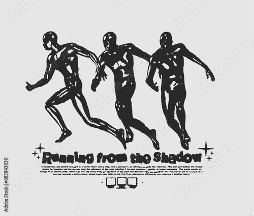 Grunge streetwear print with running people. Retro trendy graphic for clothing. Isolated on white background