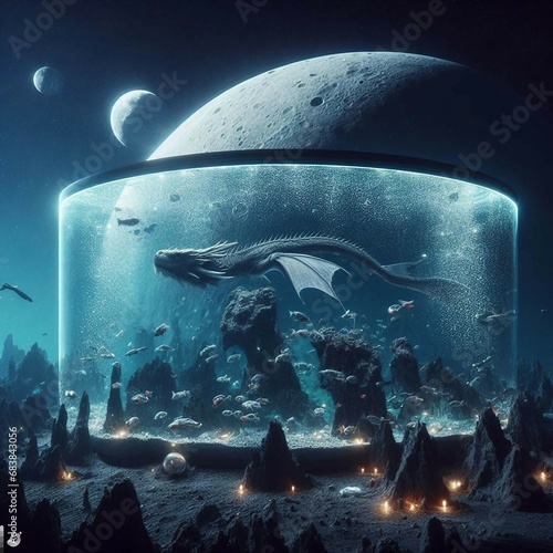 宇宙空間に浮かぶ水槽を泳ぐドラゴン photo