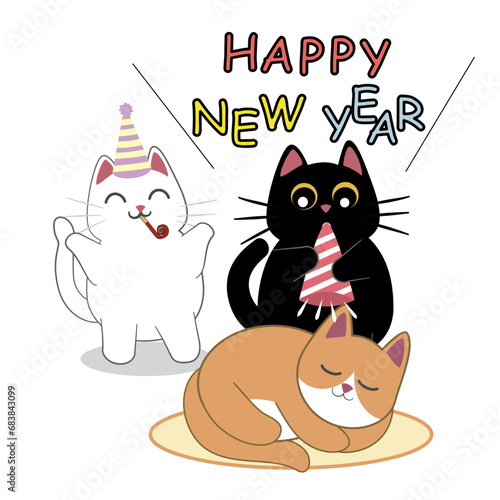 three cats celebrating happy new year