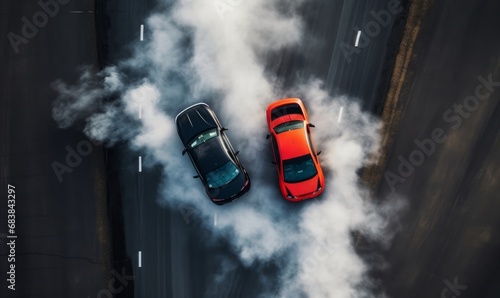 Aerial view two cars drift battle view from above, Activity two cars drift action battle on asphalt race track with abstract smoke, Generative AI  photo
