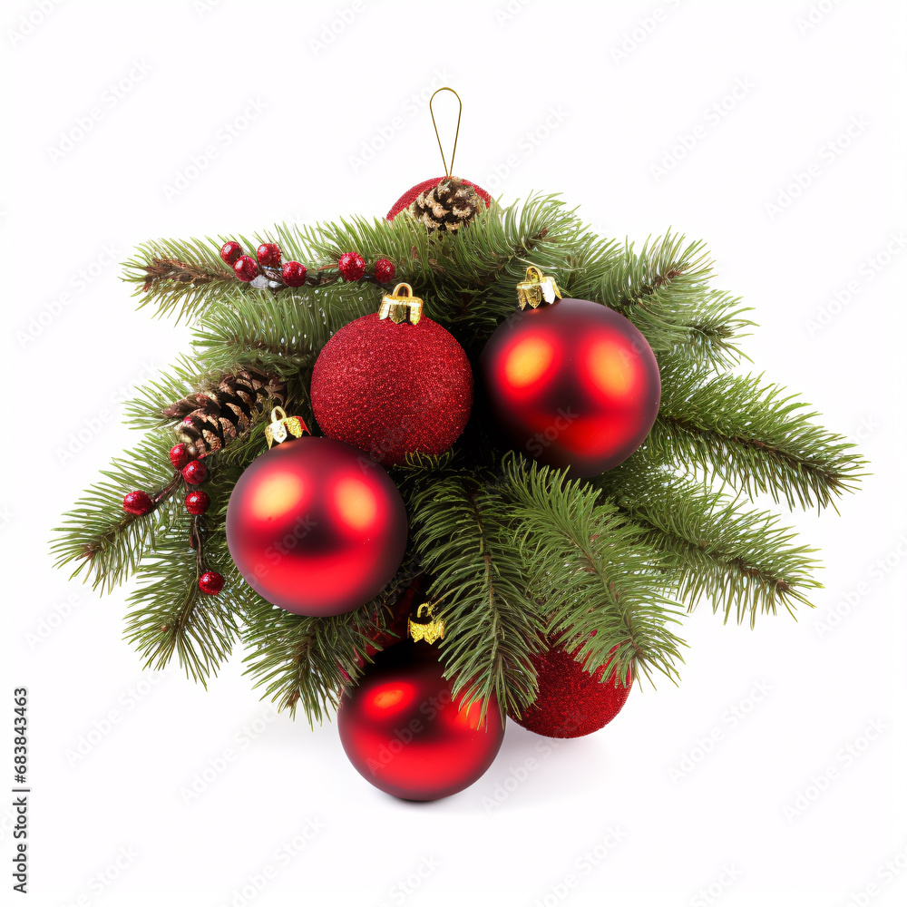 Decorations of Christmas balls hanging from a pine tree on a pale surface.