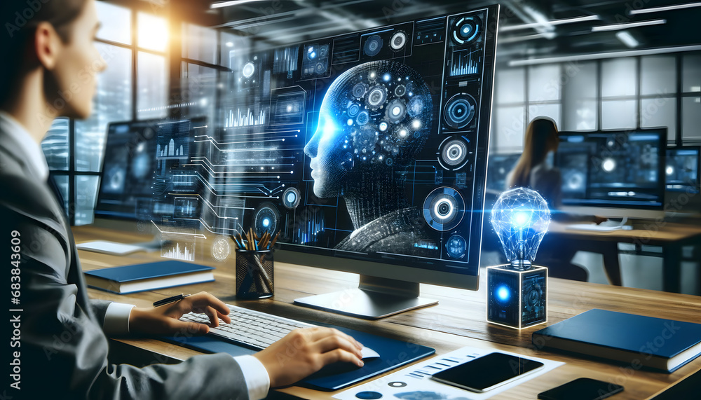 Artificial intelligence in a business context. Modern technology devices like computers and digital screens, Created by using generative AI tools Artificial intelligence in a business context. Modern technology devices like computers and digital screens, Created by using generative AI tools