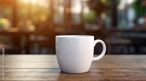 White coffee cup on blur background.