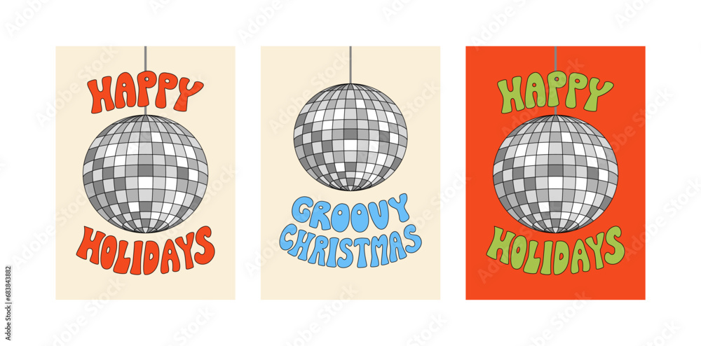 Set of holiday greeting cards with disco balls and groovy lettering. Christmas posters with quotes. Vector illustrations in retro style